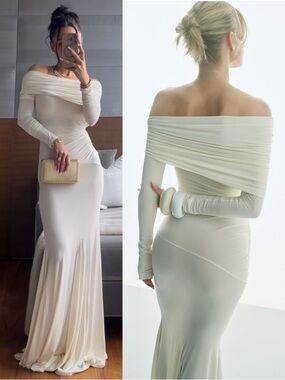 HELSA Lotta Off Shoulder Maxi Dress Cream